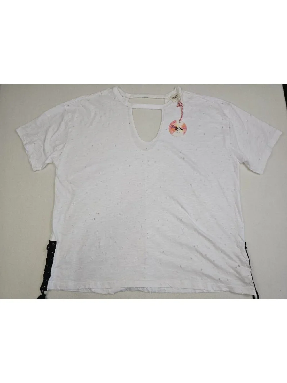 NWT Hayden Los Angeles White Cotton Distressed Tee Lace-Up Sides Keyhole 3XL - Picture 1 of 4